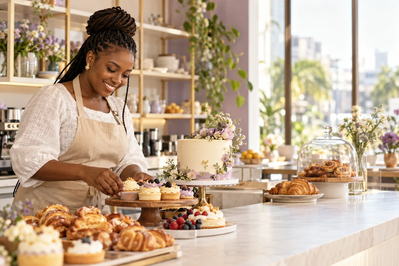 A bakery owner arranging pastries in her shop